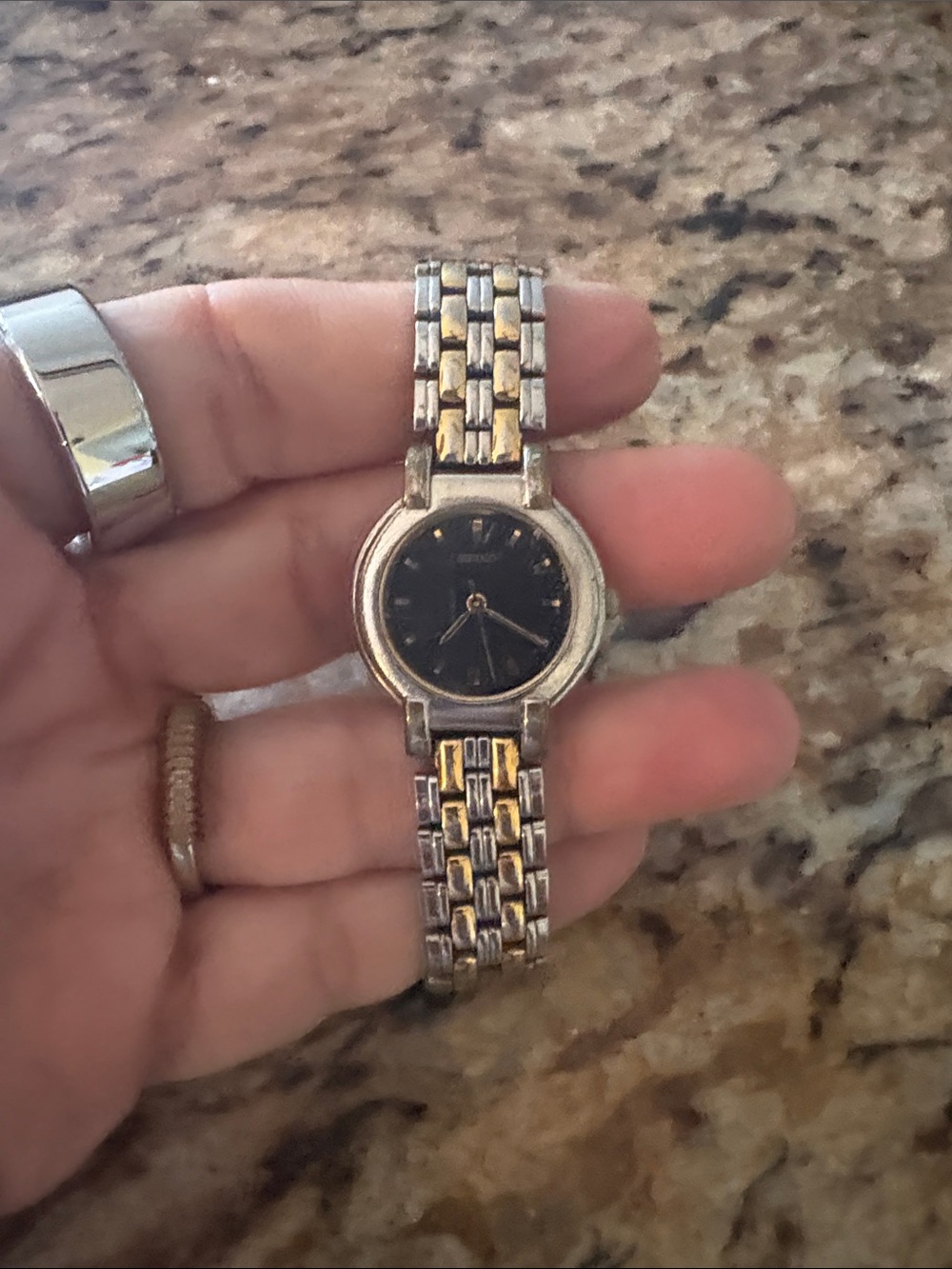 Seiko Two-Tone Silver and Gold Women's Bracelet Watch with Black Dial